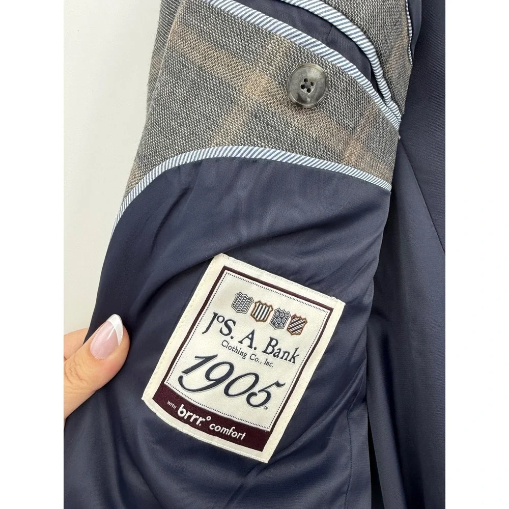 Jo A Bank Blazer Mens 42R Gray Beige Plaid Linen Wool Brrr Sport‎ Coat
